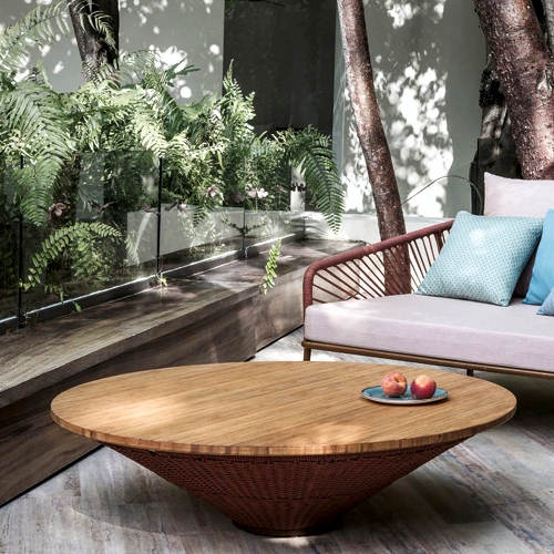 Mesa central redonda para sala de terraza o jardín modelo Miramar con cubierta de Bambu