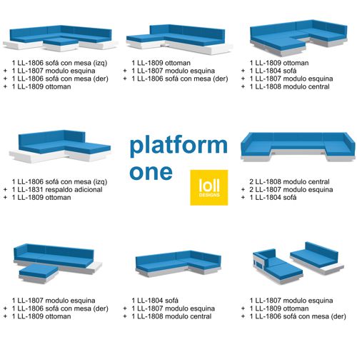 Varios acomodos de la sala modular Platform One de plastico reciclado